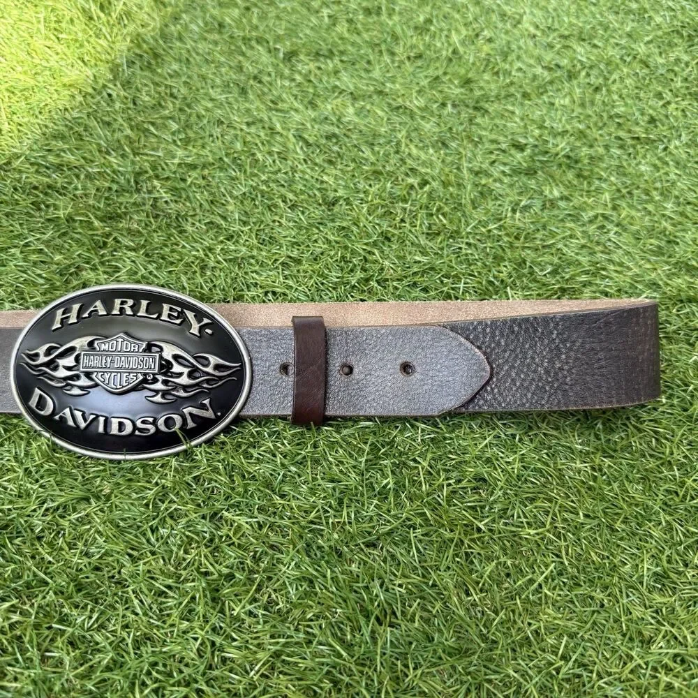 Y2K Harley Davidson Mens Belt Buckle Black Flame‎ Brushed Chrome Biker Grunge